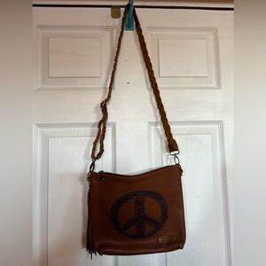 Brown leather Crossbody Bag with Peace Symbol